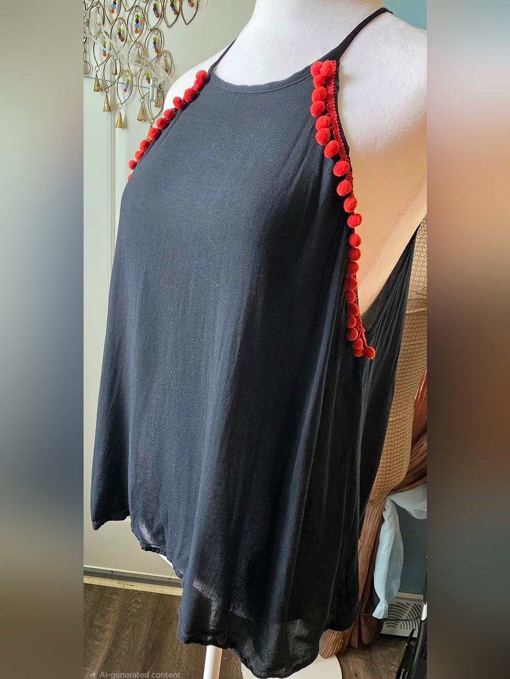 Y2K Vintage Halter Swing Tank Womens L Black w Red Pom-Trim Dark Boho Lightweigh - Picture 2 of 9